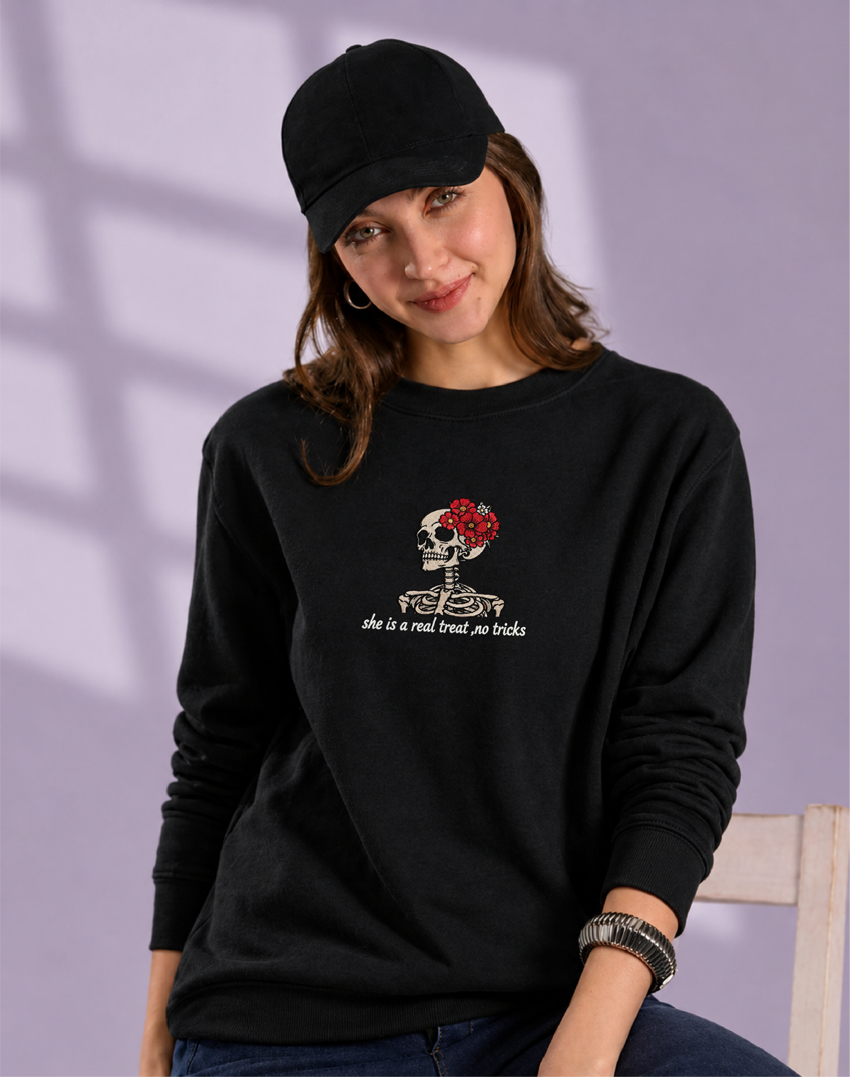 Unisex Premium Oversized Cotton Sweatshirt - Skull treat or trick halloween Embroidery