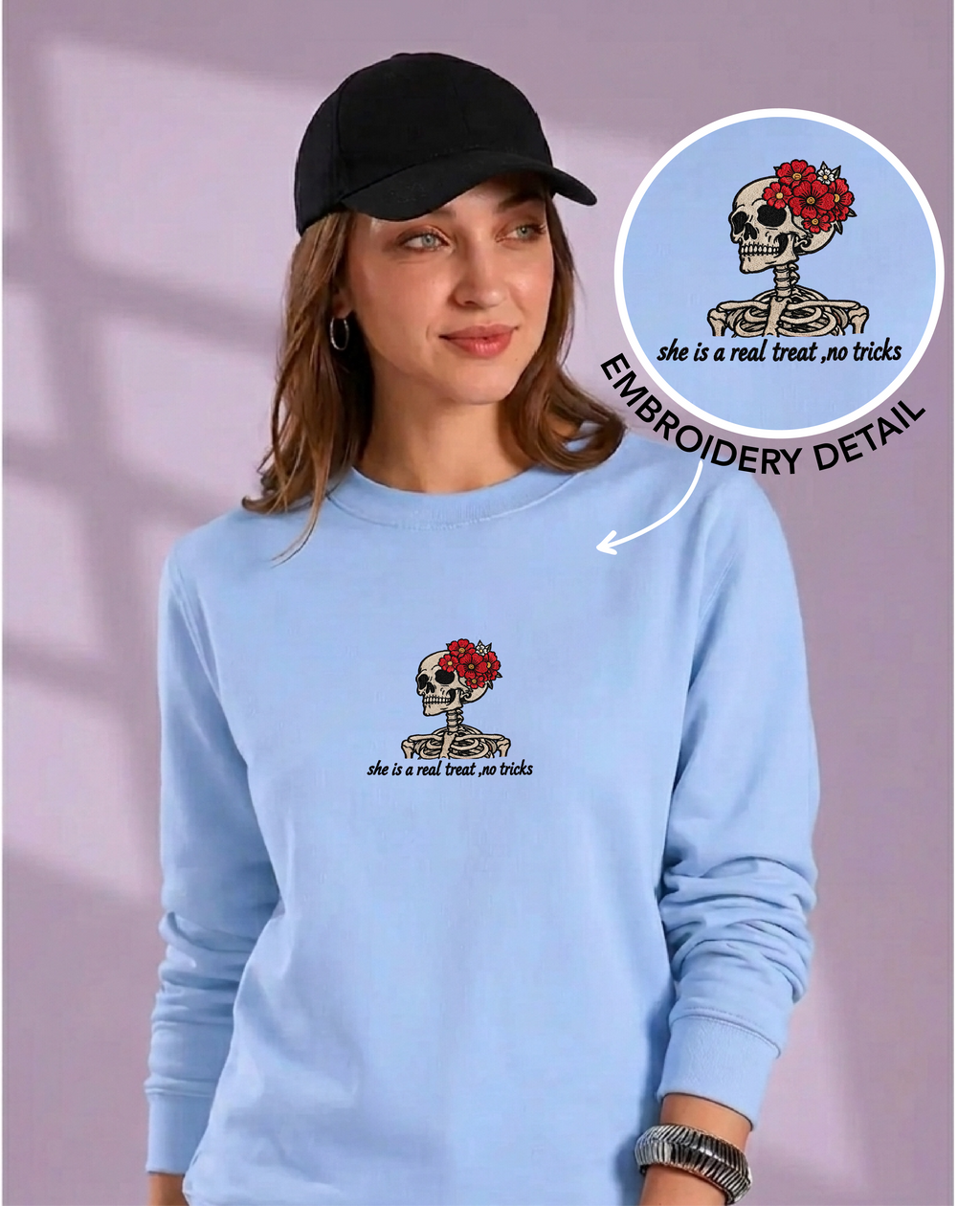 Unisex Premium Oversized Cotton Sweatshirt - Skull treat or trick halloween Embroidery