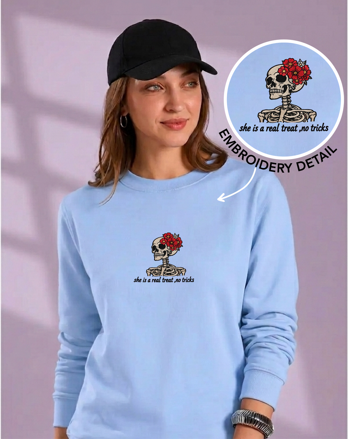 Unisex Premium Oversized Cotton Sweatshirt - Skull treat or trick halloween Embroidery