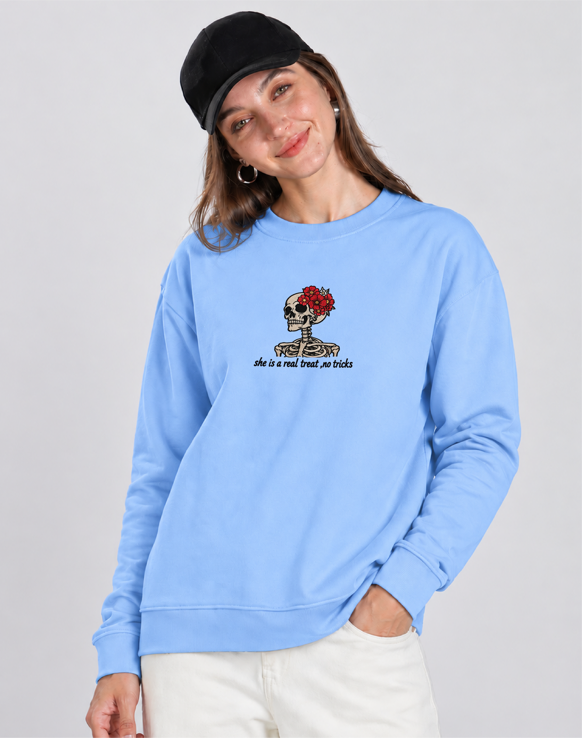 Unisex Premium Oversized Cotton Sweatshirt - Skull treat or trick halloween Embroidery
