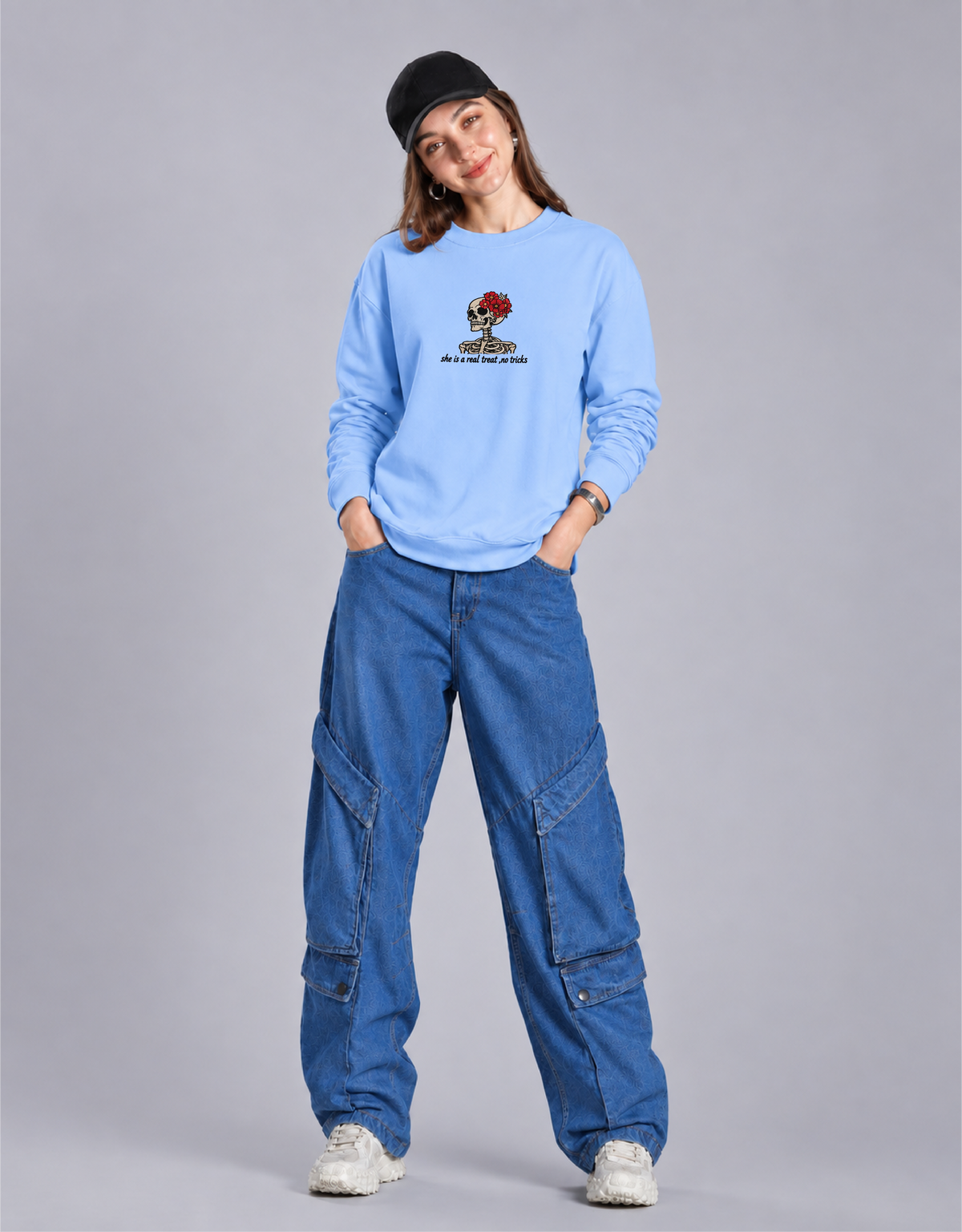 Unisex Premium Oversized Cotton Sweatshirt - Skull treat or trick halloween Embroidery