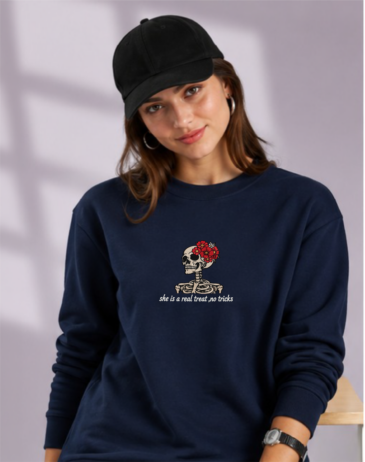 Unisex Premium Oversized Cotton Sweatshirt - Skull treat or trick halloween Embroidery