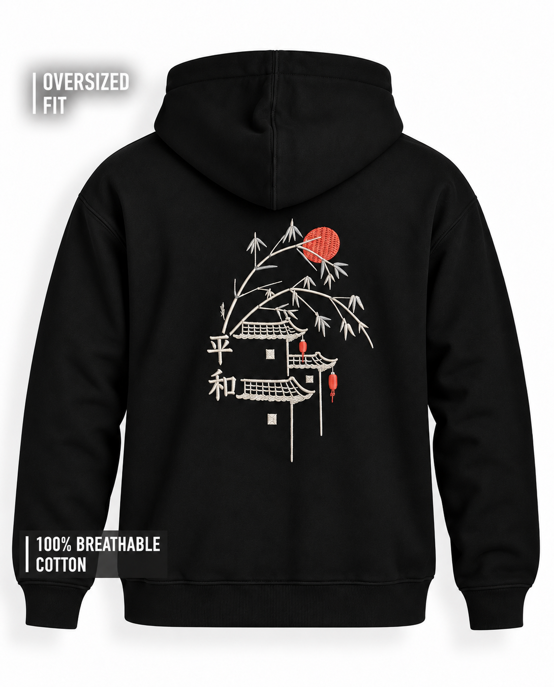 Unisex Premium Oversized Cotton Hoodie - Embroidery peaceful village