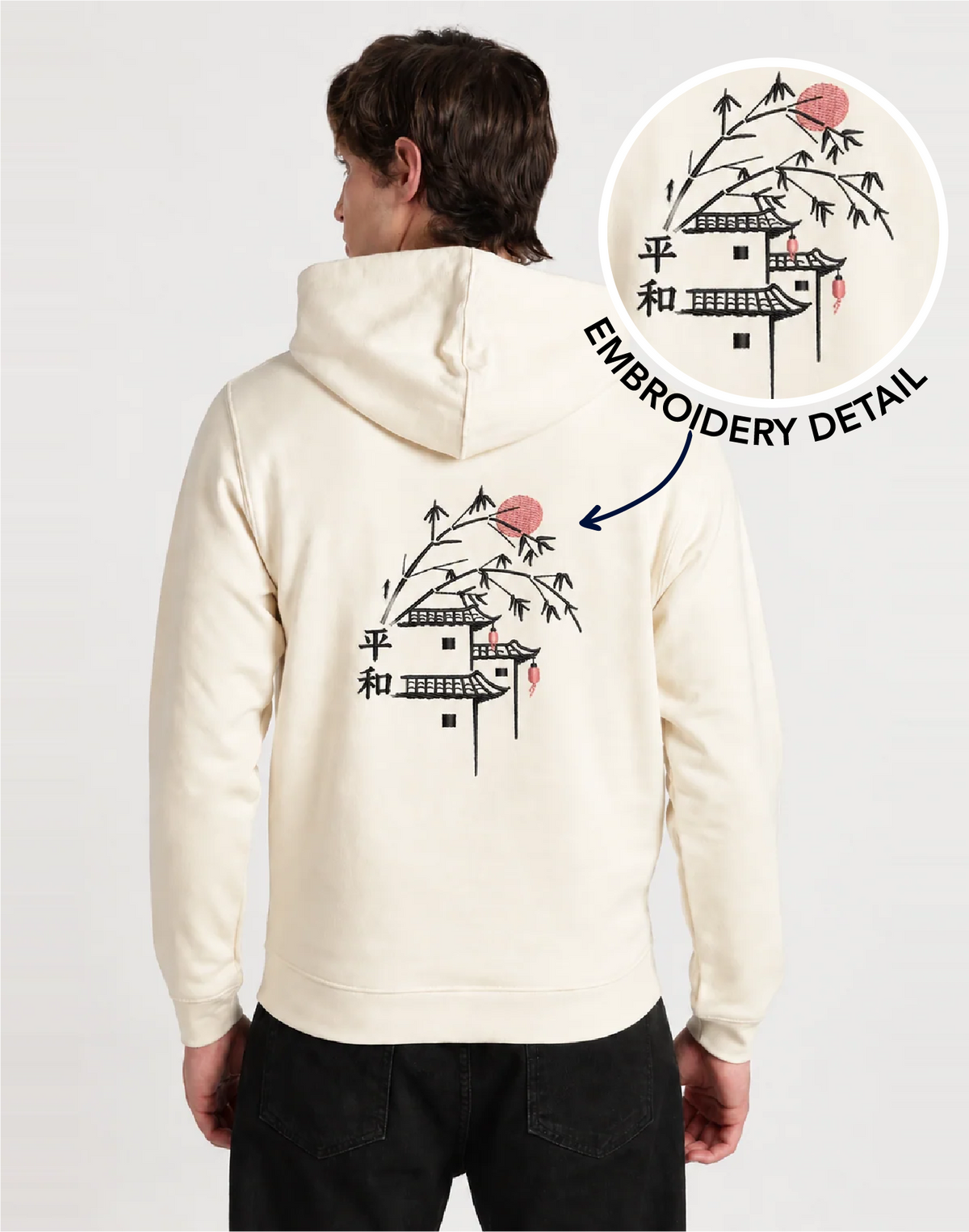 Unisex Premium Oversized Cotton Hoodie - Embroidery peaceful village
