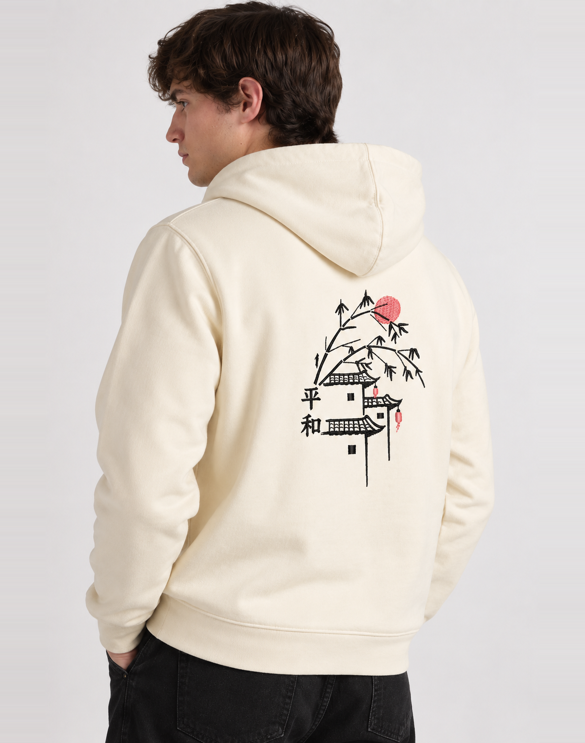 Unisex Premium Oversized Cotton Hoodie - Embroidery peaceful village