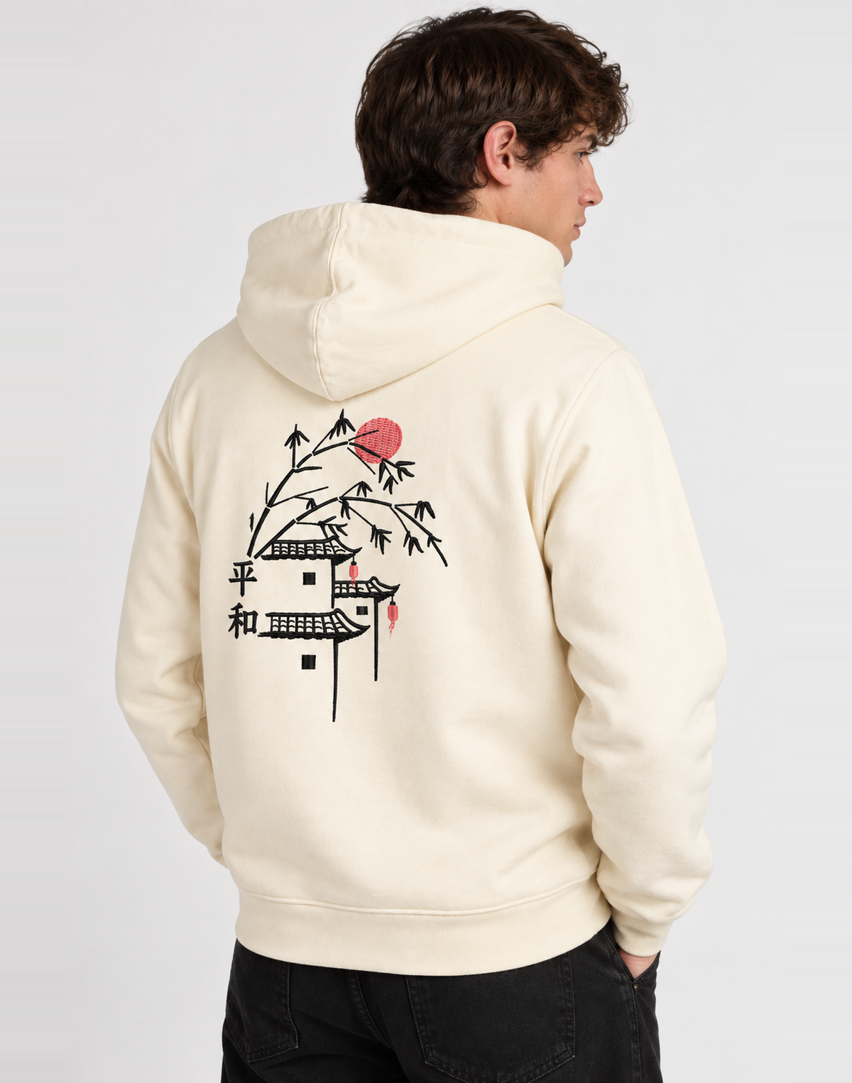 Unisex Premium Oversized Cotton Hoodie - Embroidery peaceful village