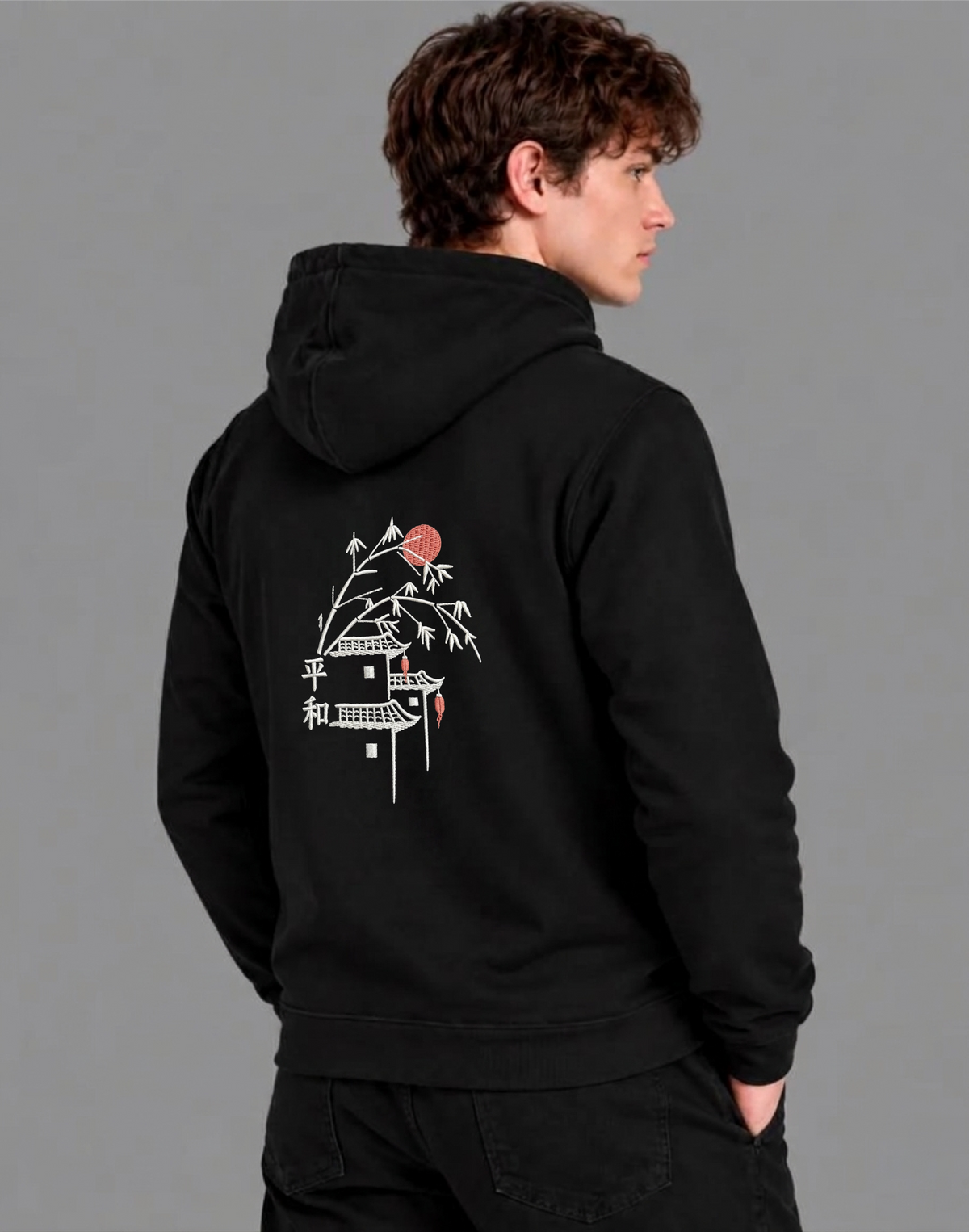 Unisex Premium Oversized Cotton Hoodie - Embroidery peaceful village