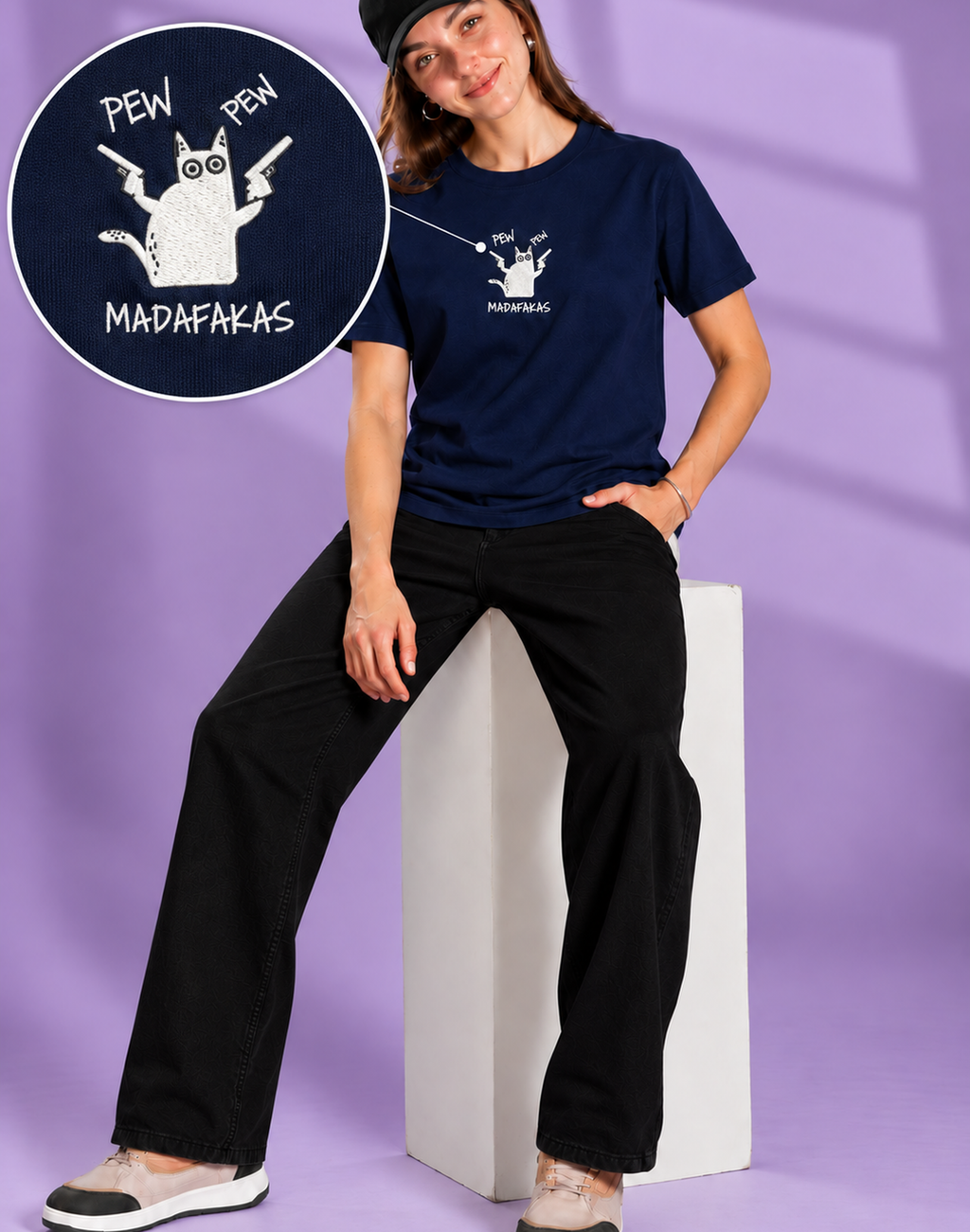 Unisex Premium Oversized Cotton T-shirt - Meme Embroidery pew pew