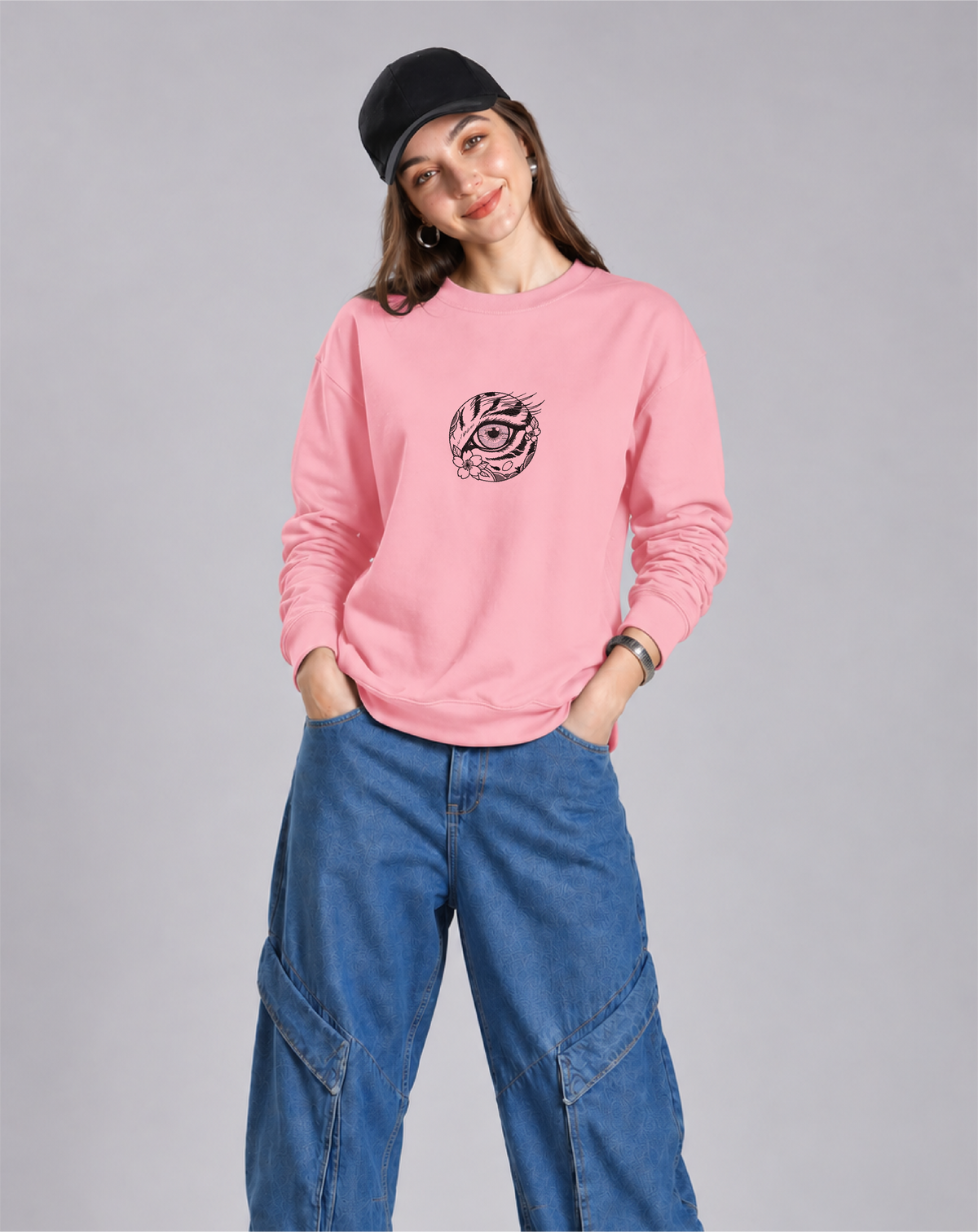 Unisex Premium Oversized Cotton Sweatshirt - Japanese art cat Embroidery
