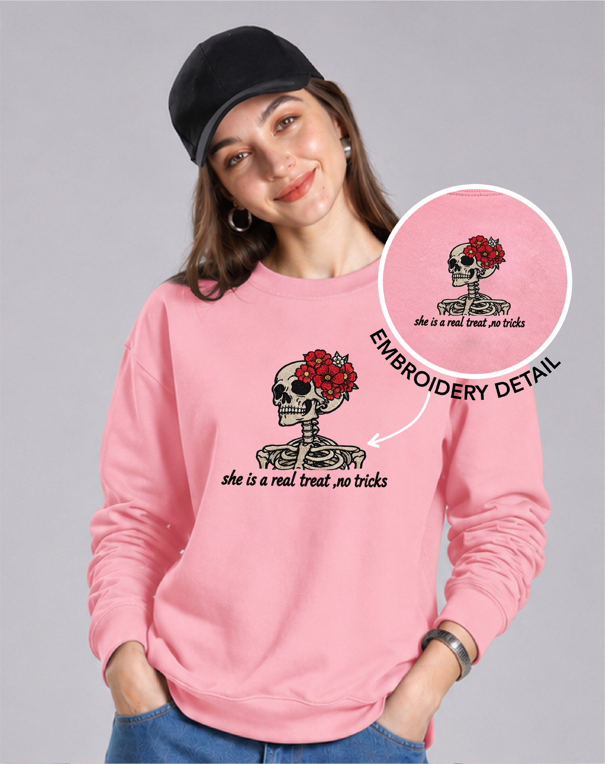 Unisex Premium Oversized Cotton Sweatshirt - Skull treat or trick halloween Embroidery