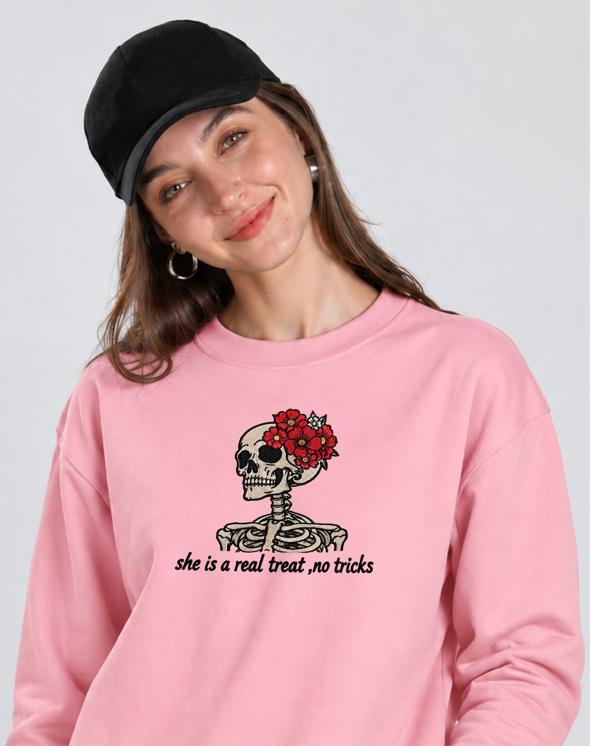 Unisex Premium Oversized Cotton Sweatshirt - Skull treat or trick halloween Embroidery