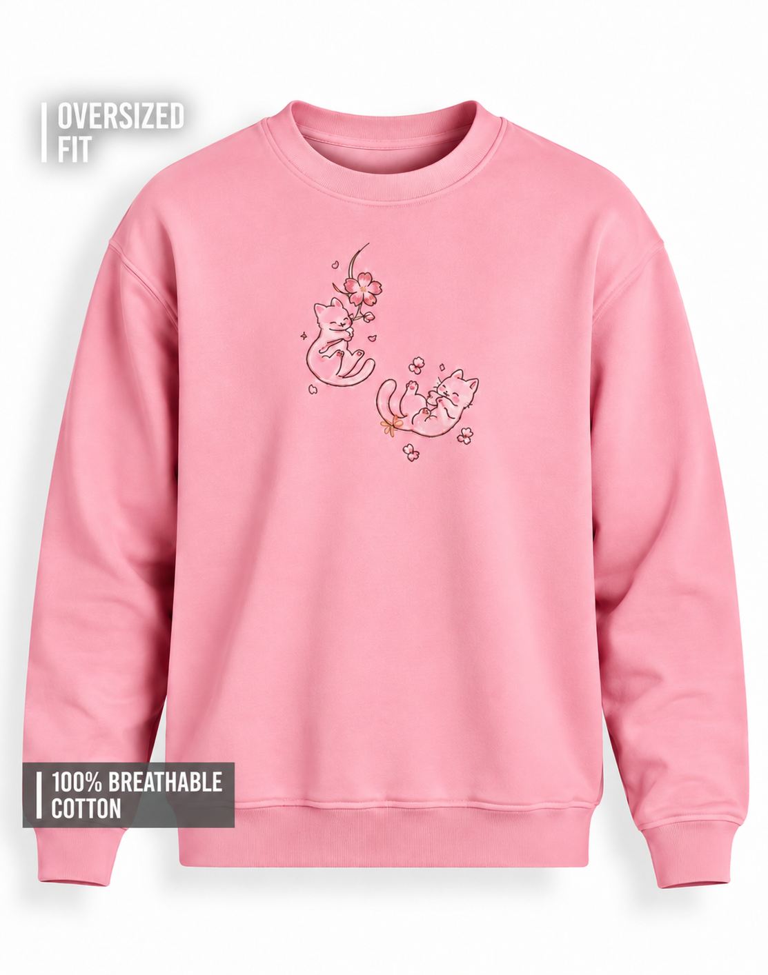 Unisex Premium Oversized Cotton Sweatshirt - Cat embroidery