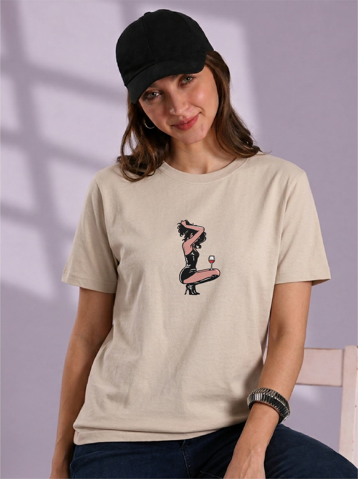 Unisex Premium Oversized Cotton T-shirt - Girl with a wine Embroidery