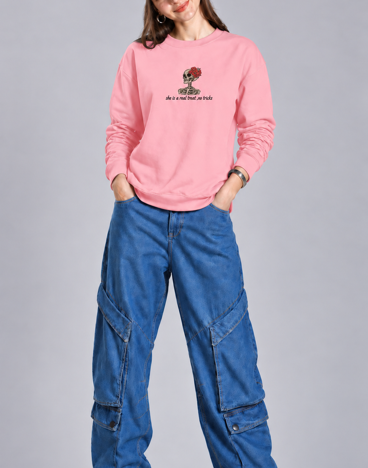 Unisex Premium Oversized Cotton Sweatshirt - Skull treat or trick halloween Embroidery