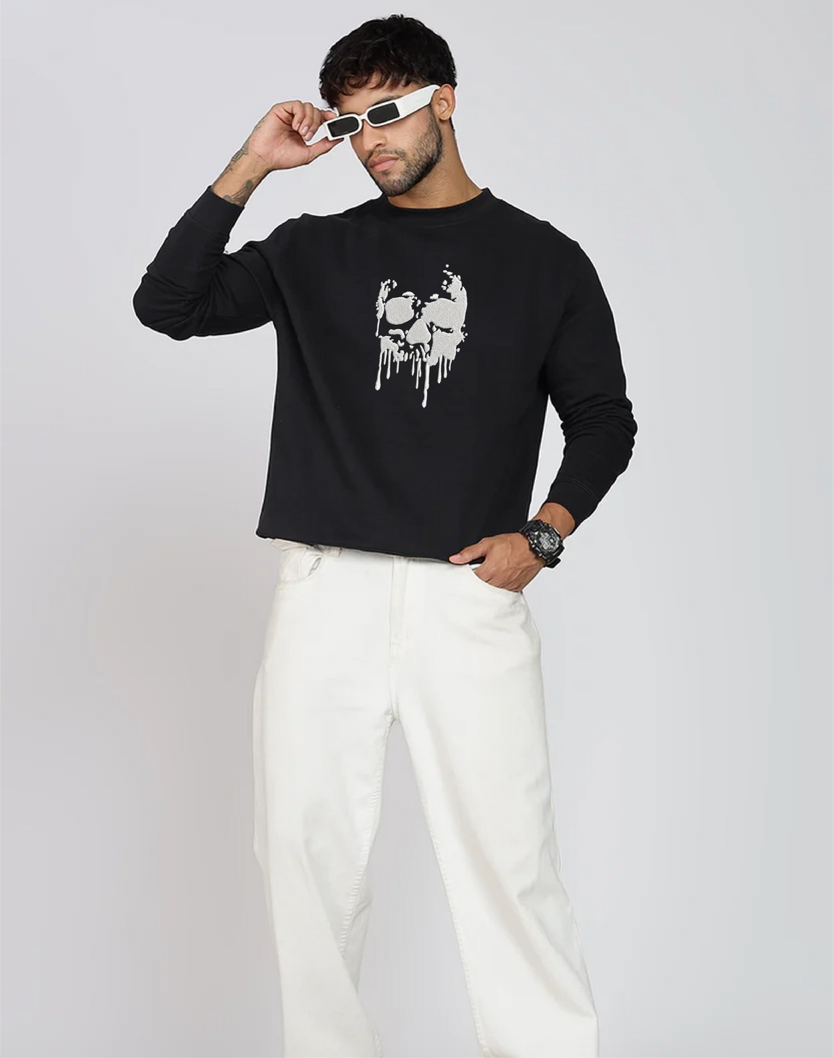 Unisex Premium Oversized Cotton Sweatshirt - Skull Halloween embroidery