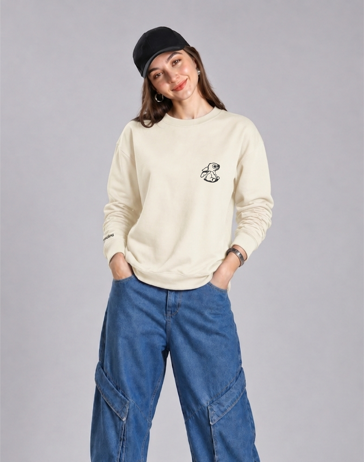 Unisex Premium Oversized Cotton Sweatshirt - Lilo and Stitch Embroidery