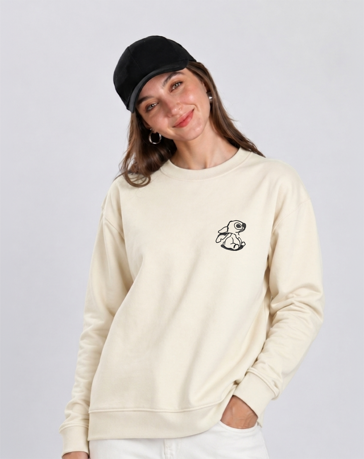 Unisex Premium Oversized Cotton Sweatshirt - Lilo and Stitch Embroidery