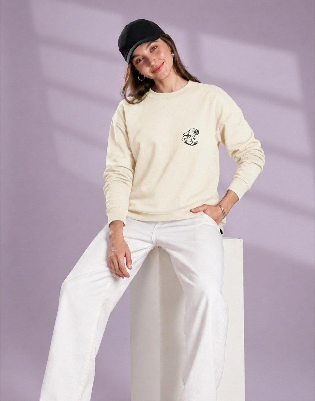 Unisex Premium Oversized Cotton Sweatshirt - Lilo and Stitch Embroidery