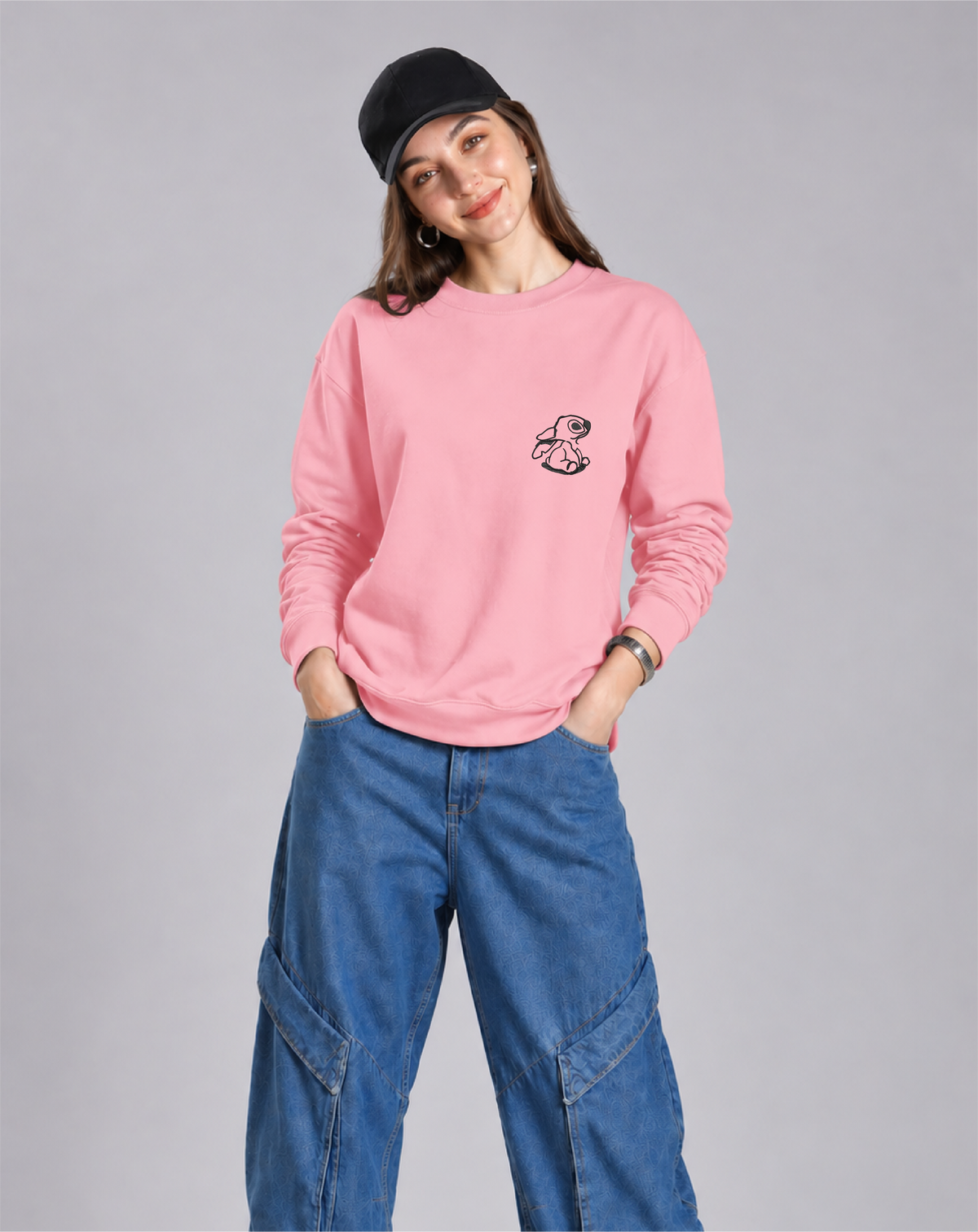 Unisex Premium Oversized Cotton Sweatshirt - Lilo and Stitch Embroidery