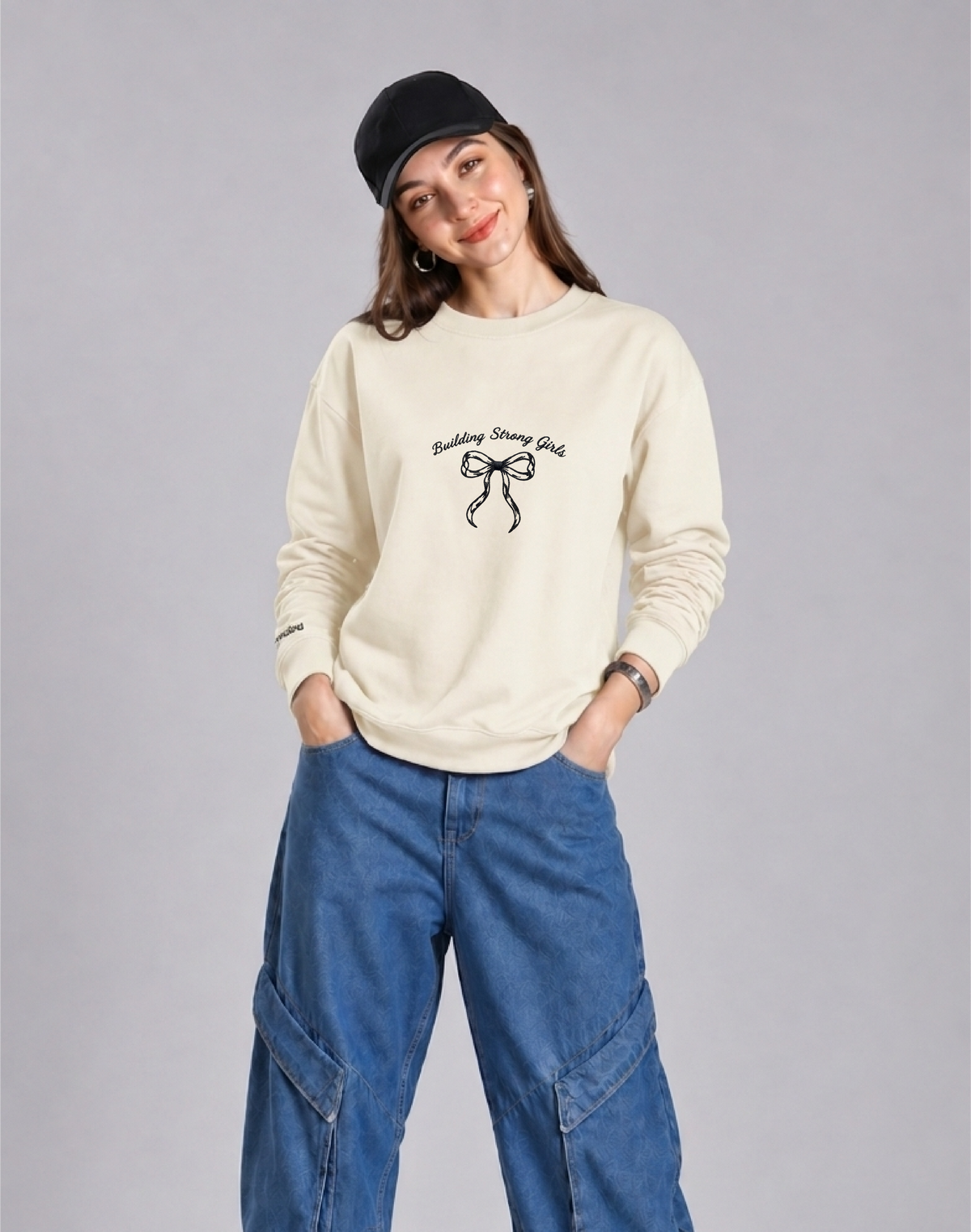 Unisex Premium Oversized Cotton Sweatshirt- Embroidery strong girls wear bow