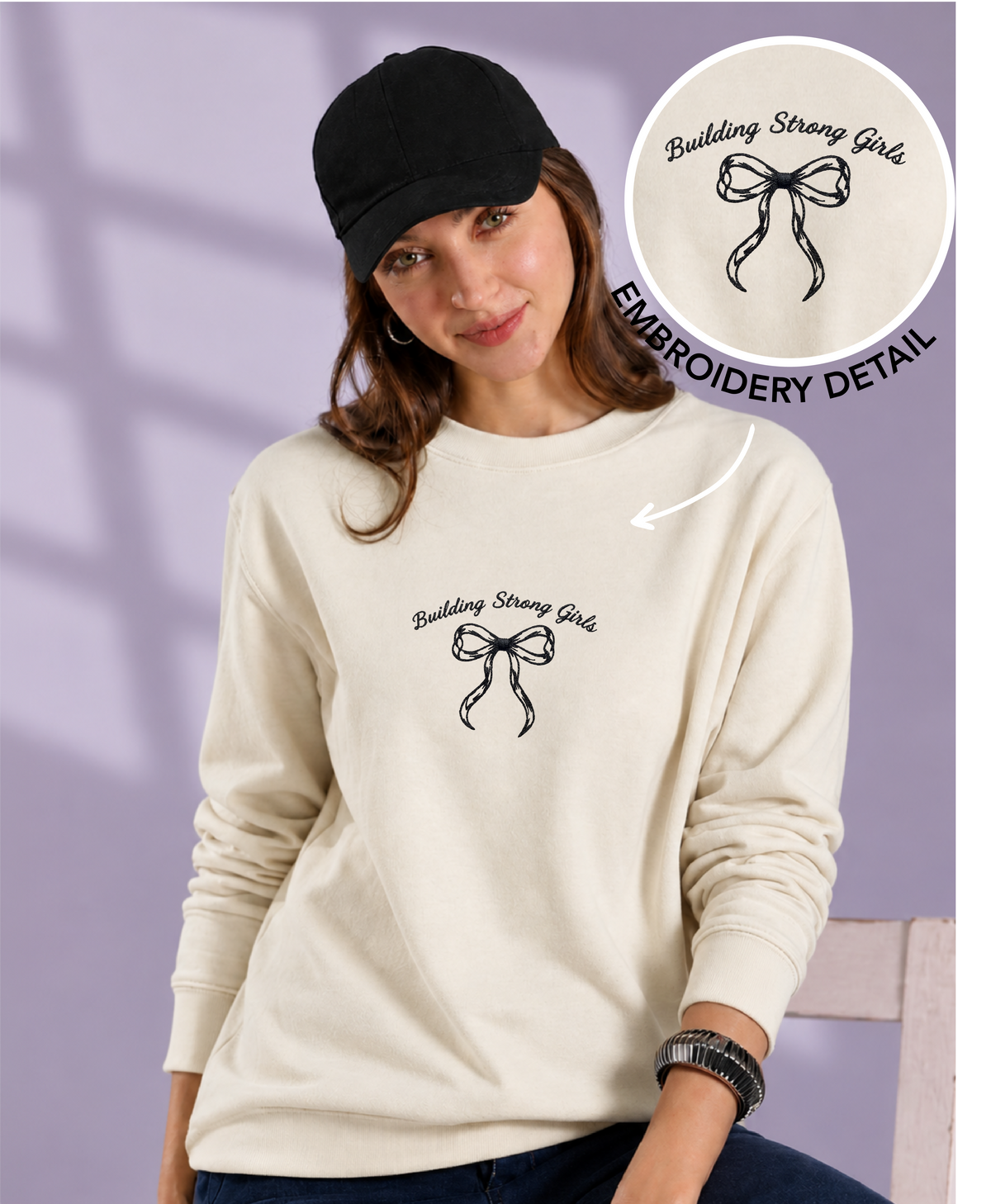 Unisex Premium Oversized Cotton Sweatshirt- Embroidery strong girls wear bow