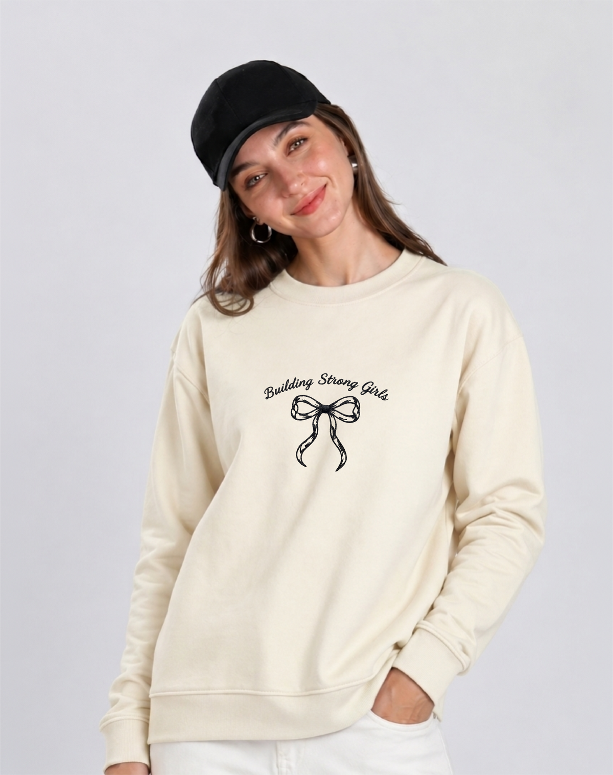 Unisex Premium Oversized Cotton Sweatshirt- Embroidery strong girls wear bow
