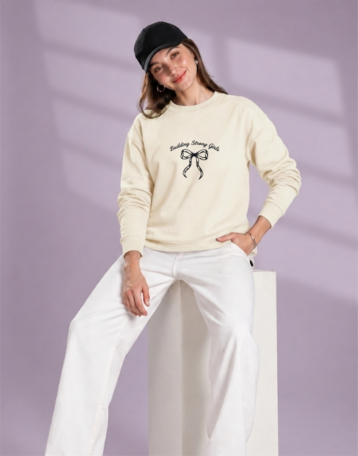 Unisex Premium Oversized Cotton Sweatshirt- Embroidery strong girls wear bow