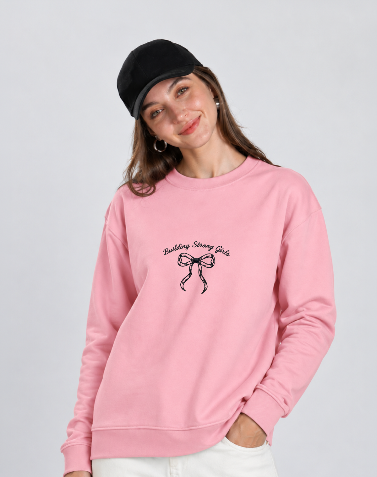 Unisex Premium Oversized Cotton Sweatshirt- Embroidery strong girls wear bow