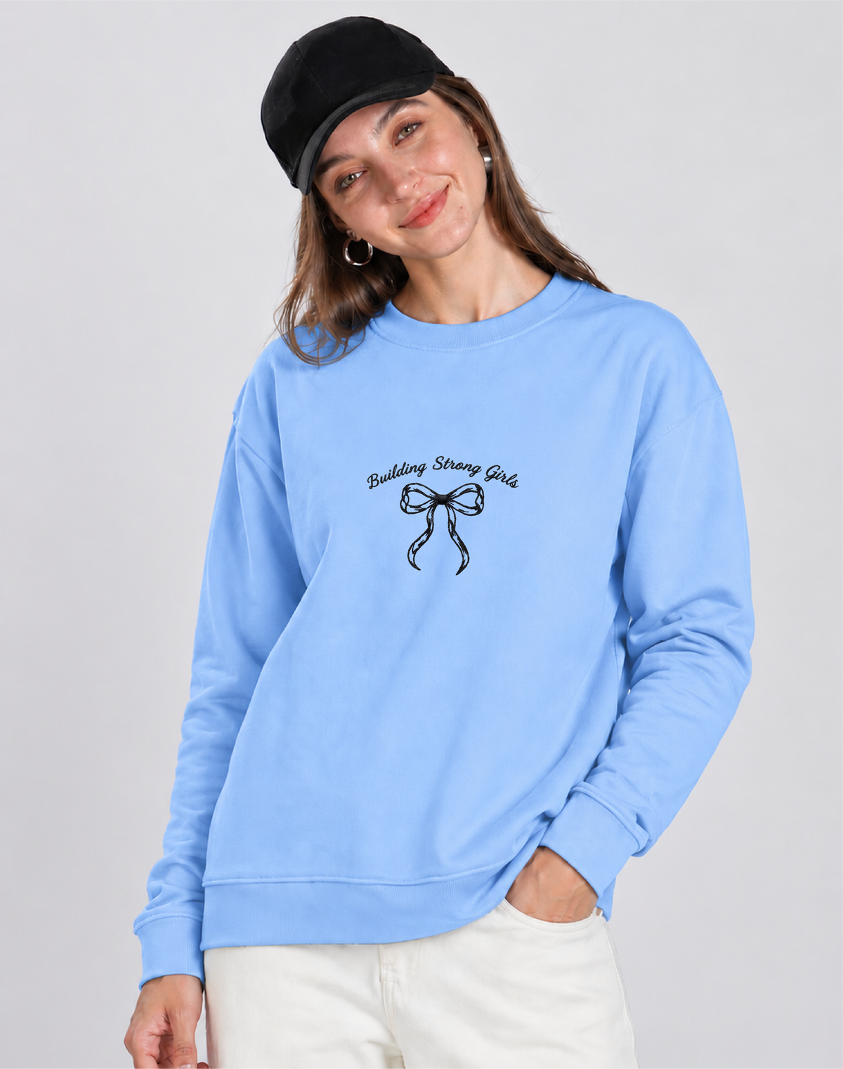 Unisex Premium Oversized Cotton Sweatshirt- Embroidery strong girls wear bow