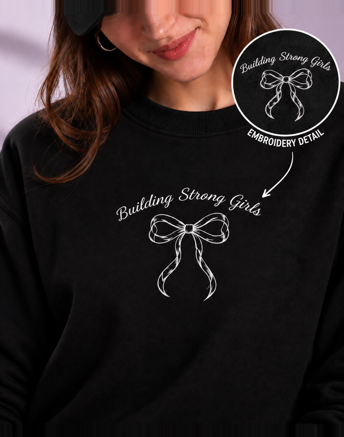 Unisex Premium Oversized Cotton Sweatshirt- Embroidery strong girls wear bow