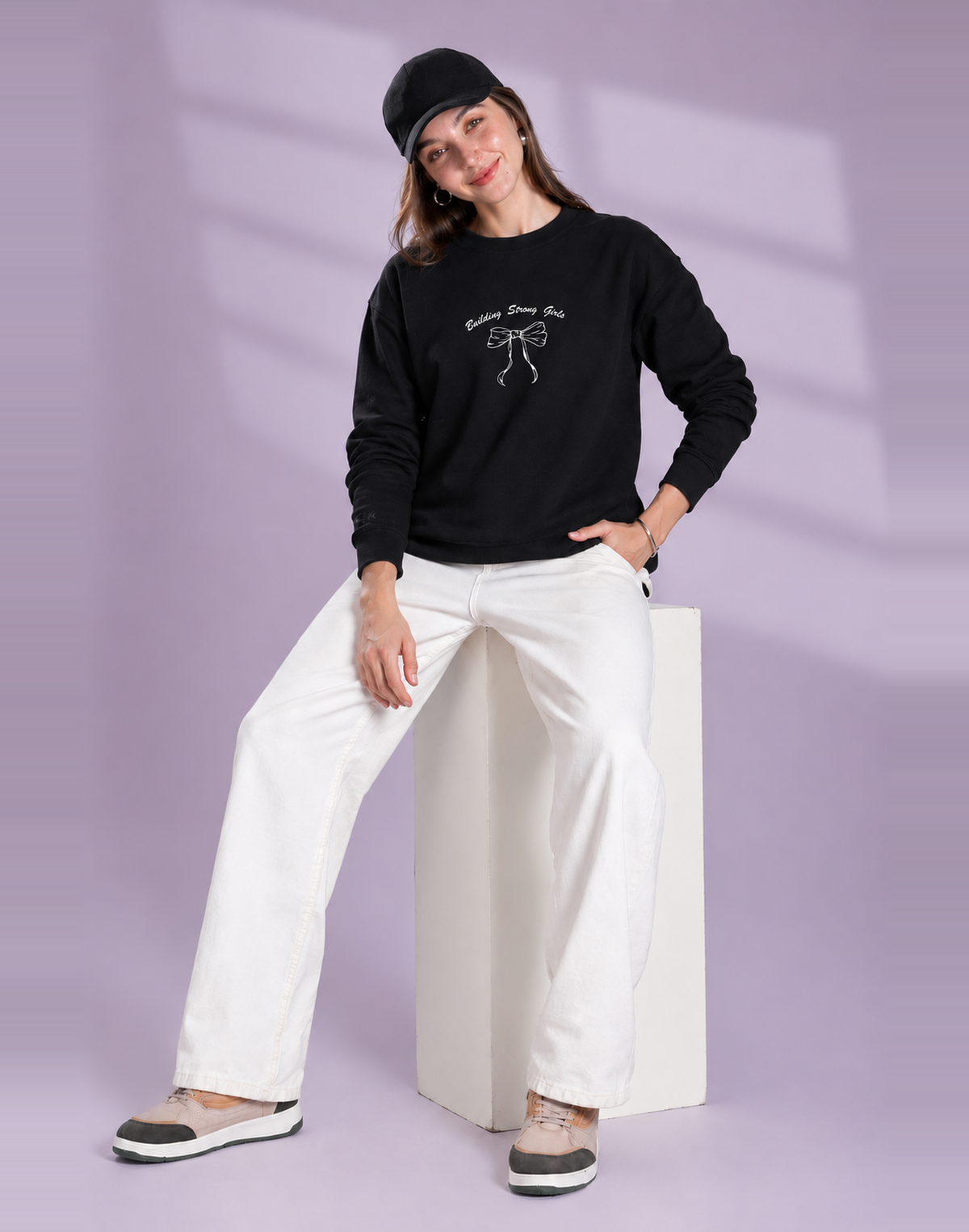 Unisex Premium Oversized Cotton Sweatshirt- Embroidery strong girls wear bow