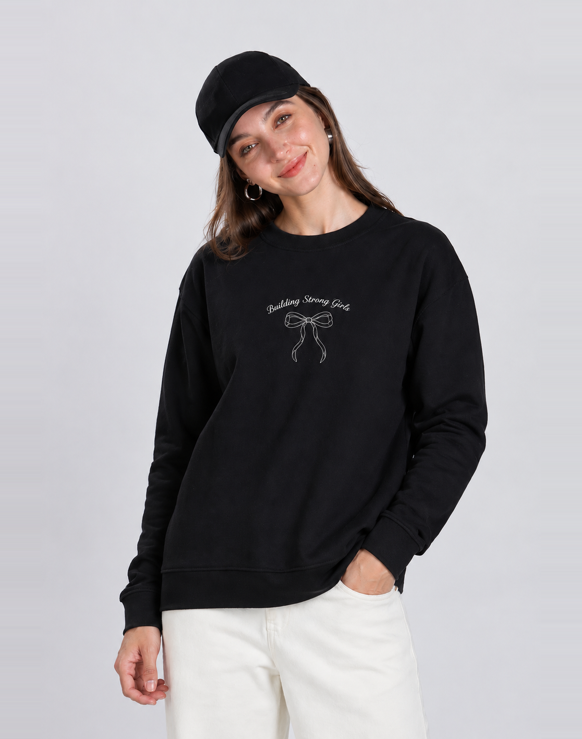 Unisex Premium Oversized Cotton Sweatshirt- Embroidery strong girls wear bow
