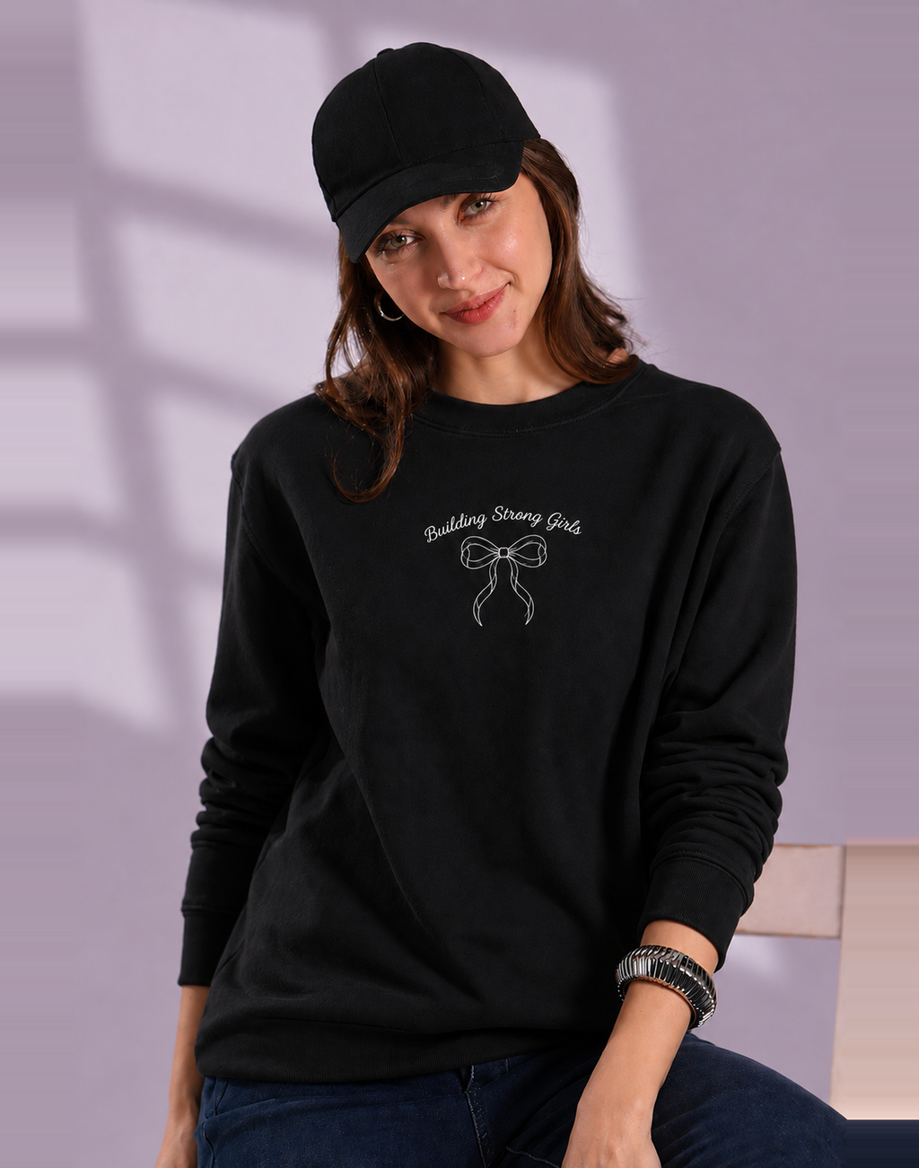 Unisex Premium Oversized Cotton Sweatshirt- Embroidery strong girls wear bow