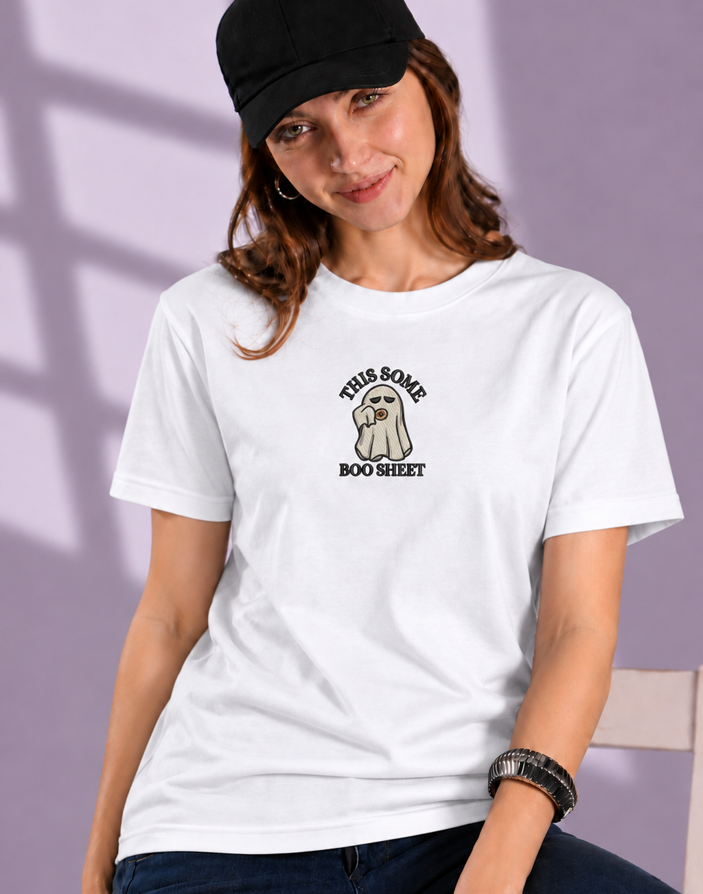 Unisex Premium Oversized Cotton T-shirt - Halloween Embroidery This some boo shit