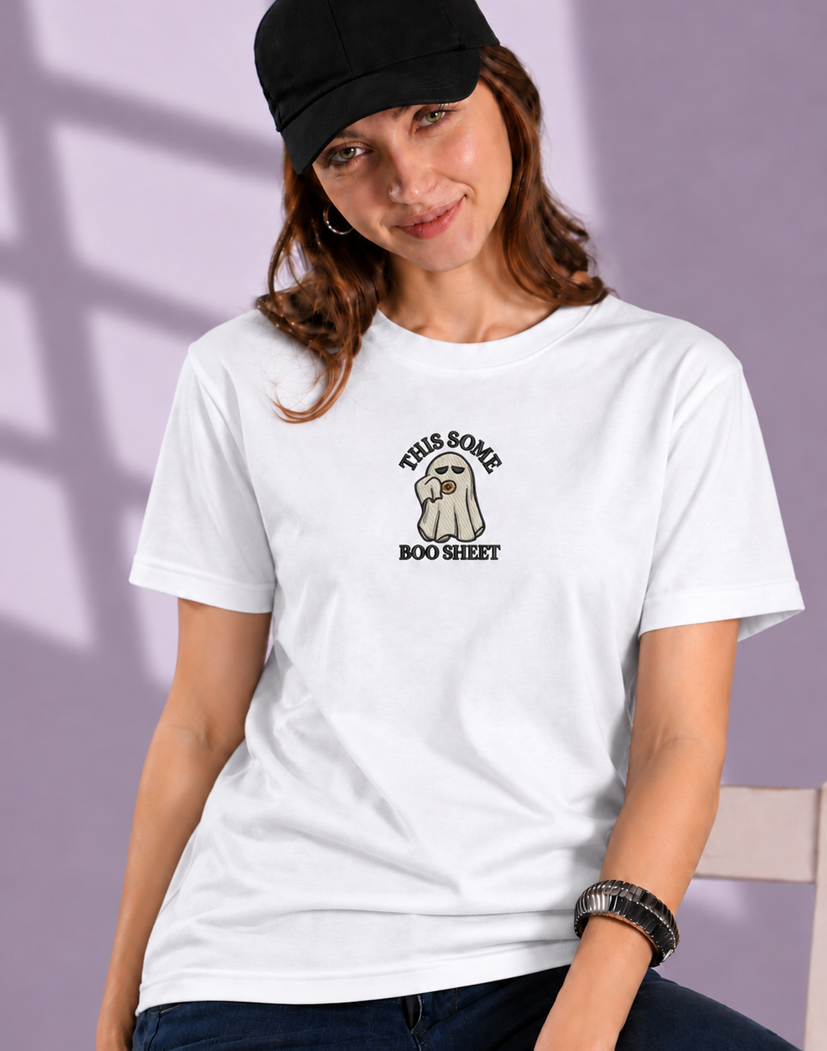Unisex Premium Oversized Cotton T-shirt - Halloween Embroidery This some boo shit