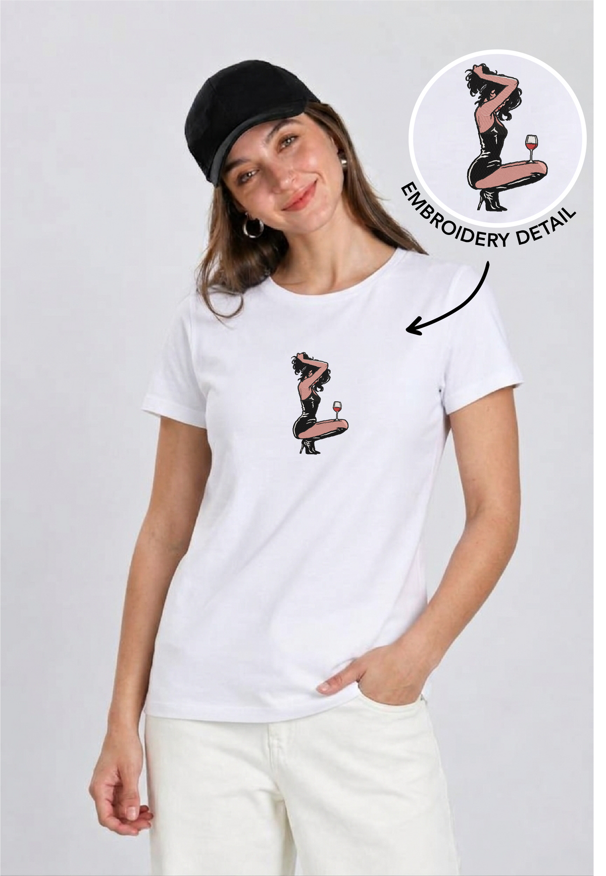 Unisex Premium Oversized Cotton T-shirt - Girl with a wine Embroidery