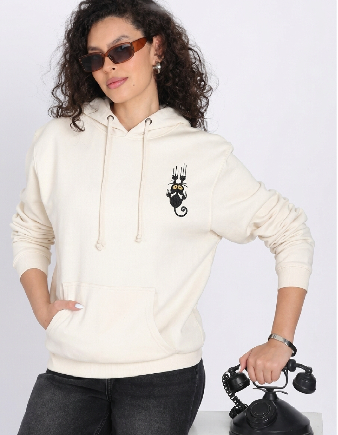 Unisex Premium Oversized Cotton Hoodie - Embroidery Black Cat