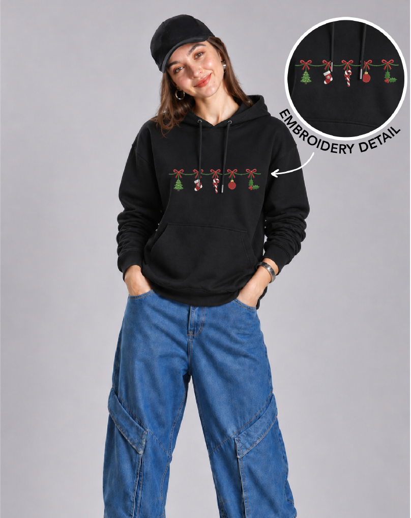 Unisex Premium Oversized Cotton Hoodie - Christmas Embroidery Jingles charms